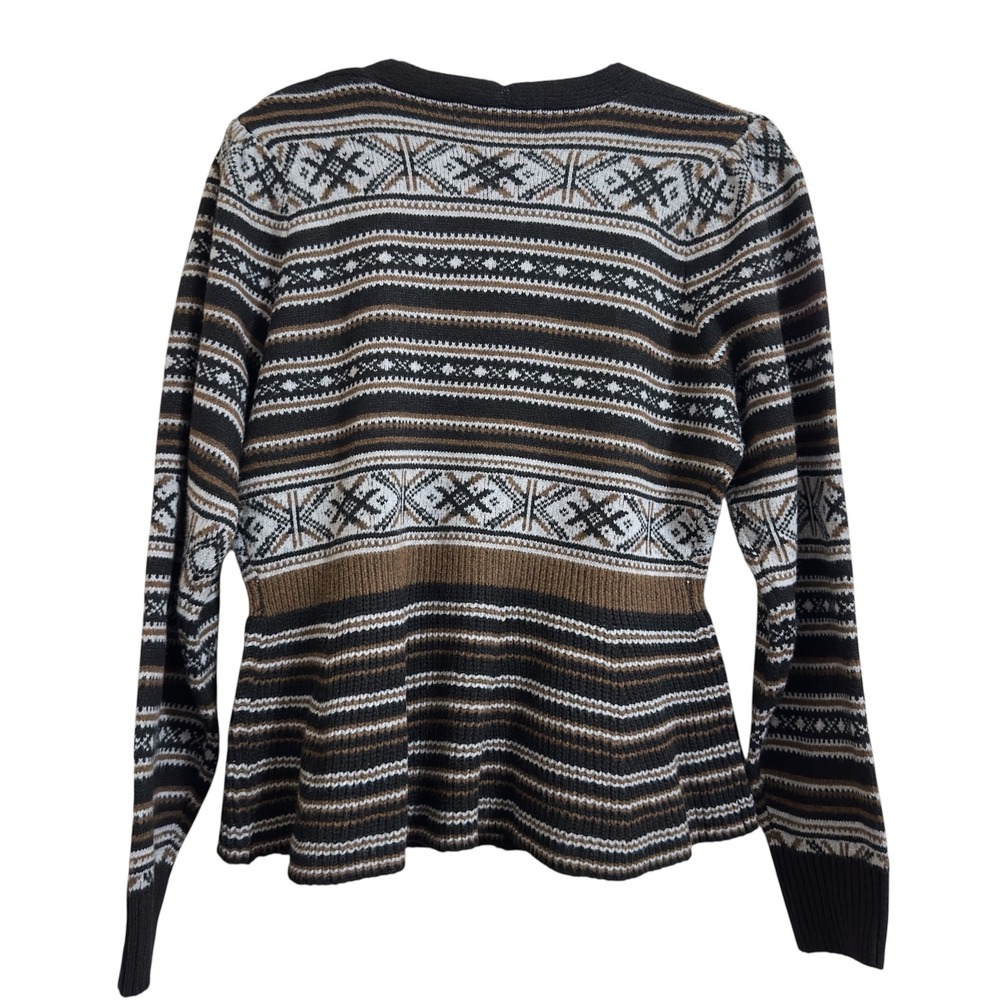 Verve Ami Womens Fair Isle Peplum Cardigan Sweater Black Brown XL V-Neck Knit - Picture 7 of 9